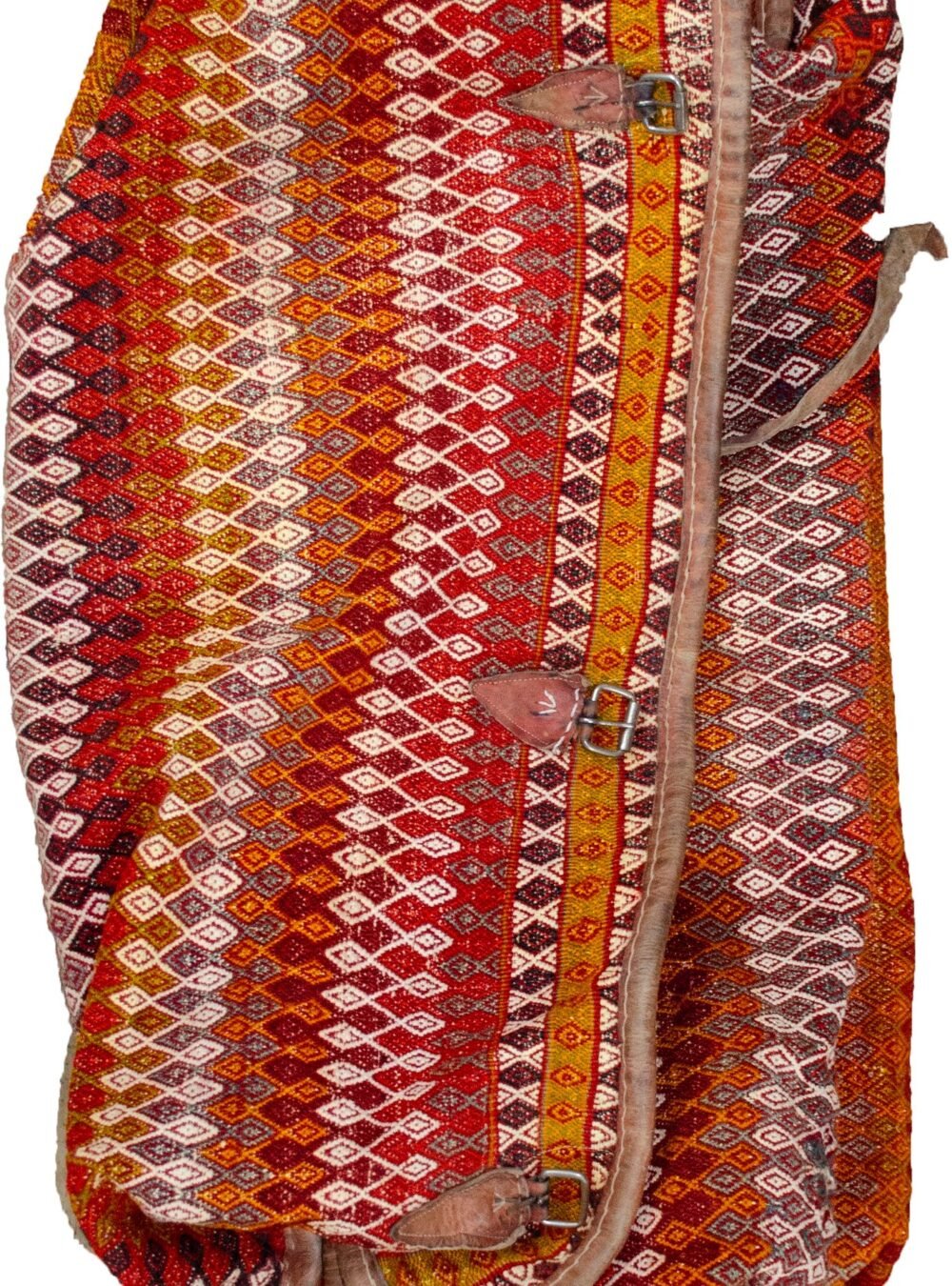 alt="Sumak woven Qashqai Mafrash bag with partridge and goat motifs" alt="Vintage Persian tribal bedding bag with intact leather straps" alt="Colorful Rakhtekhab bag with animal designs and sumak weave" alt="Nomadic kilim storage trunk or ottoman with goat and bird patterns"