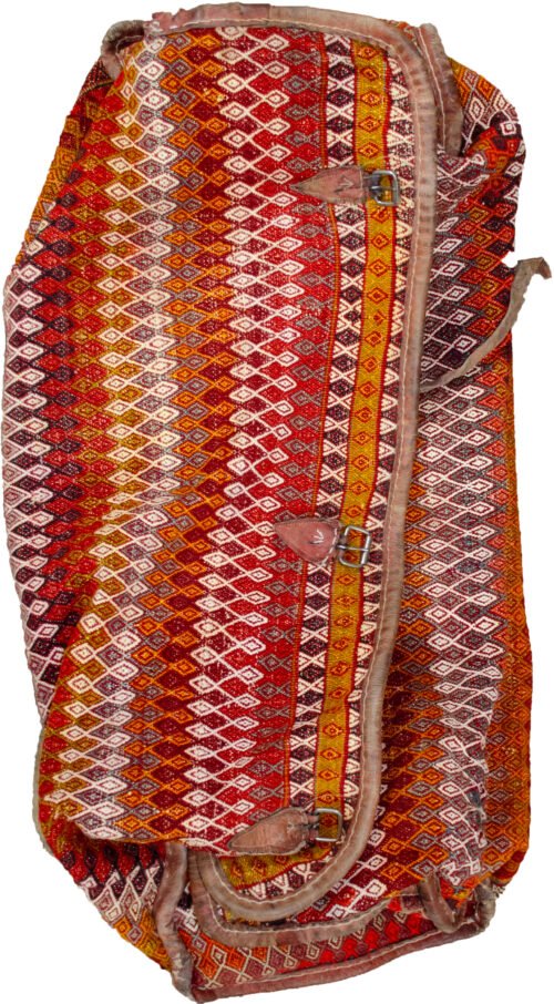 alt="Sumak woven Qashqai Mafrash bag with partridge and goat motifs" alt="Vintage Persian tribal bedding bag with intact leather straps" alt="Colorful Rakhtekhab bag with animal designs and sumak weave" alt="Nomadic kilim storage trunk or ottoman with goat and bird patterns"