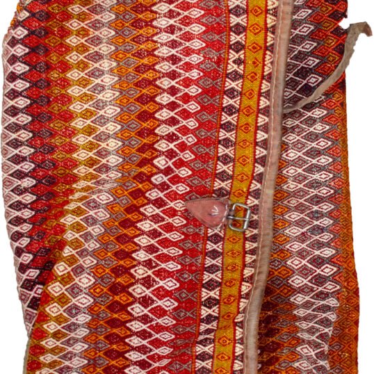 alt="Sumak woven Qashqai Mafrash bag with partridge and goat motifs" alt="Vintage Persian tribal bedding bag with intact leather straps" alt="Colorful Rakhtekhab bag with animal designs and sumak weave" alt="Nomadic kilim storage trunk or ottoman with goat and bird patterns"