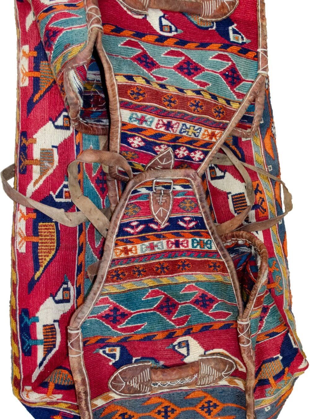 alt="Qashqai Rakhtekhab bag with sumak weave, partridges, goats, and leather trim" alt="Vintage tribal Mafrash bag in turquoise, red, blue, and orange with intact handles" alt="Sumak-woven nomadic bedding bag with animal motifs and collector value" alt="Traditional Qashqai storage bag repurposable as ottoman or table base"