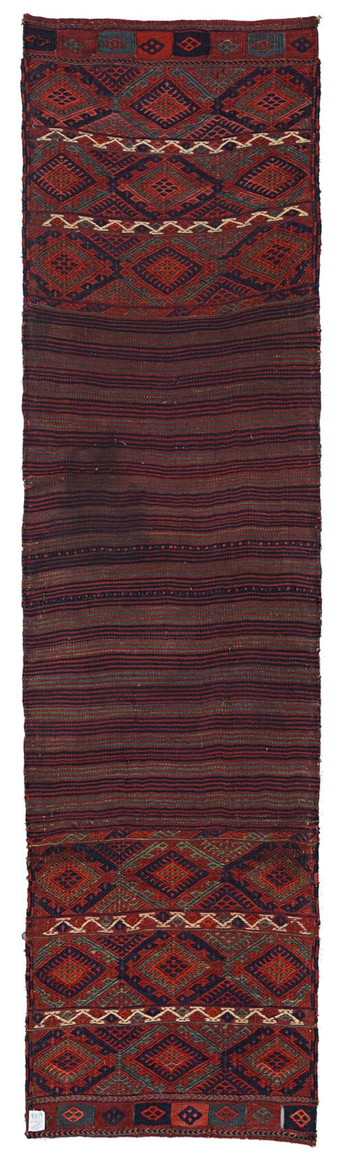alt="Antique Qashqai bag opened flat for use as narrow corridor rug" alt="Tribal Persian runner in handspun wool with three-color palette" alt="Vintage Qashqai wool textile with rich dyes and tribal design" alt="Repurposed Persian bag rug with natural dyes and subtle discolouration"