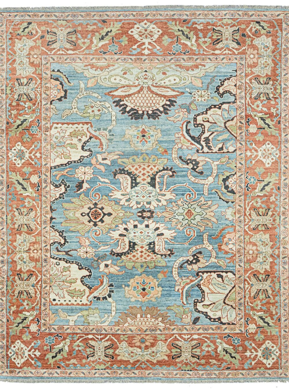 alt="Sultanabad carpet with light blue field and red floral border" alt="Handspun wool rug with antique finish and large stylised flowers" alt="Decorative Persian carpet with subtle asymmetry and floral motifs" alt="New Sultanabad rug with natural dyes and traditional design"