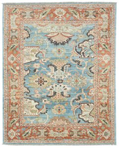 alt="Sultanabad carpet with light blue field and red floral border" alt="Handspun wool rug with antique finish and large stylised flowers" alt="Decorative Persian carpet with subtle asymmetry and floral motifs" alt="New Sultanabad rug with natural dyes and traditional design"