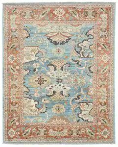 alt="Sultanabad carpet with light blue field and red floral border" alt="Handspun wool rug with antique finish and large stylised flowers" alt="Decorative Persian carpet with subtle asymmetry and floral motifs" alt="New Sultanabad rug with natural dyes and traditional design"