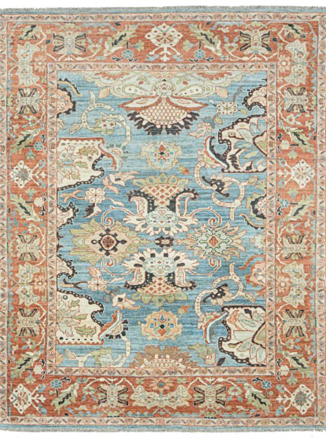 alt="Sultanabad carpet with light blue field and red floral border" alt="Handspun wool rug with antique finish and large stylised flowers" alt="Decorative Persian carpet with subtle asymmetry and floral motifs" alt="New Sultanabad rug with natural dyes and traditional design"