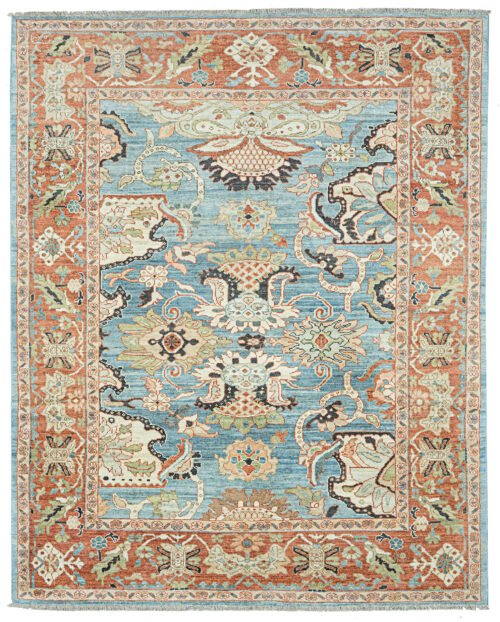 alt="Sultanabad carpet with light blue field and red floral border" alt="Handspun wool rug with antique finish and large stylised flowers" alt="Decorative Persian carpet with subtle asymmetry and floral motifs" alt="New Sultanabad rug with natural dyes and traditional design"