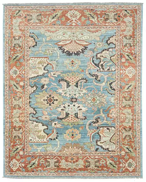 alt="Sultanabad carpet with light blue field and red floral border" alt="Handspun wool rug with antique finish and large stylised flowers" alt="Decorative Persian carpet with subtle asymmetry and floral motifs" alt="New Sultanabad rug with natural dyes and traditional design"
