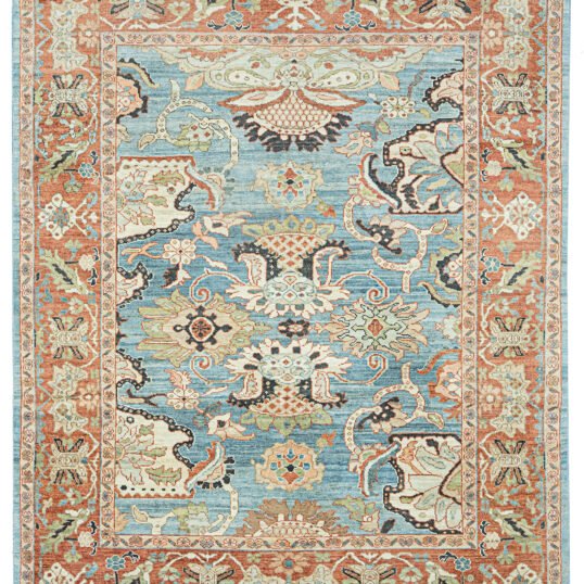 alt="Sultanabad carpet with light blue field and red floral border" alt="Handspun wool rug with antique finish and large stylised flowers" alt="Decorative Persian carpet with subtle asymmetry and floral motifs" alt="New Sultanabad rug with natural dyes and traditional design"