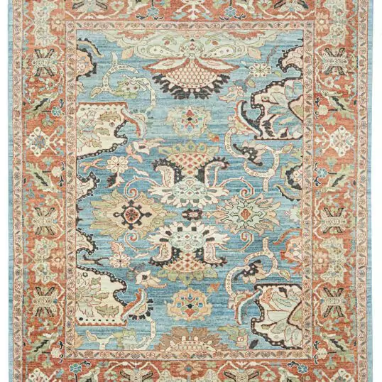 alt="Sultanabad carpet with light blue field and red floral border" alt="Handspun wool rug with antique finish and large stylised flowers" alt="Decorative Persian carpet with subtle asymmetry and floral motifs" alt="New Sultanabad rug with natural dyes and traditional design"
