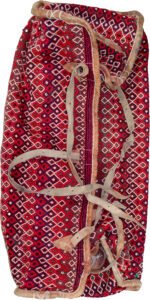 alt="Rakhtekhab tribal bedding bag with multicolor wool weave and leather straps" alt="Colorful woven Mafrash bag with intact locks and handles for use as ottoman" alt="Vintage tribal storage bag in red, green, and yellow with leather edges" alt="Traditional nomadic bedding bag with detailed wool weave and full structure"