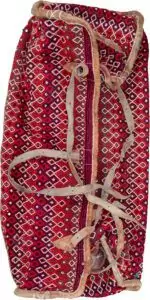 alt="Rakhtekhab tribal bedding bag with multicolor wool weave and leather straps" alt="Colorful woven Mafrash bag with intact locks and handles for use as ottoman" alt="Vintage tribal storage bag in red, green, and yellow with leather edges" alt="Traditional nomadic bedding bag with detailed wool weave and full structure"