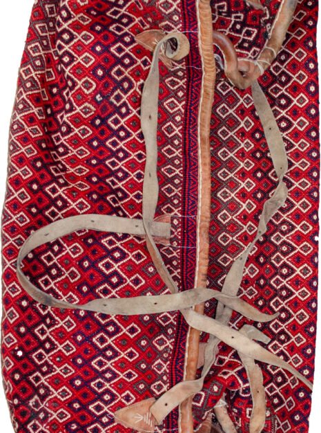 alt="Rakhtekhab tribal bedding bag with multicolor wool weave and leather straps" alt="Colorful woven Mafrash bag with intact locks and handles for use as ottoman" alt="Vintage tribal storage bag in red, green, and yellow with leather edges" alt="Traditional nomadic bedding bag with detailed wool weave and full structure"