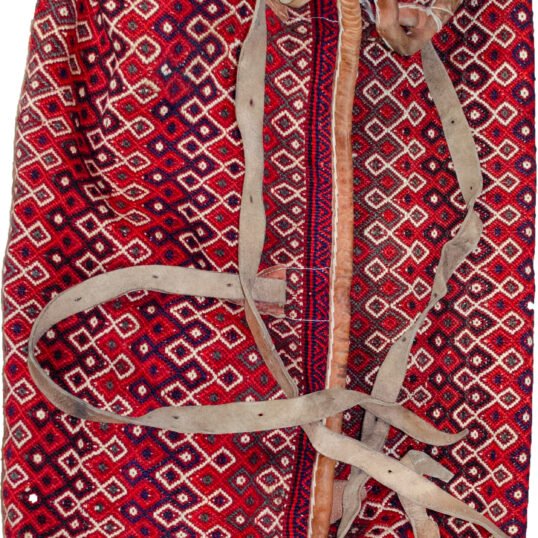 alt="Rakhtekhab tribal bedding bag with multicolor wool weave and leather straps" alt="Colorful woven Mafrash bag with intact locks and handles for use as ottoman" alt="Vintage tribal storage bag in red, green, and yellow with leather edges" alt="Traditional nomadic bedding bag with detailed wool weave and full structure"
