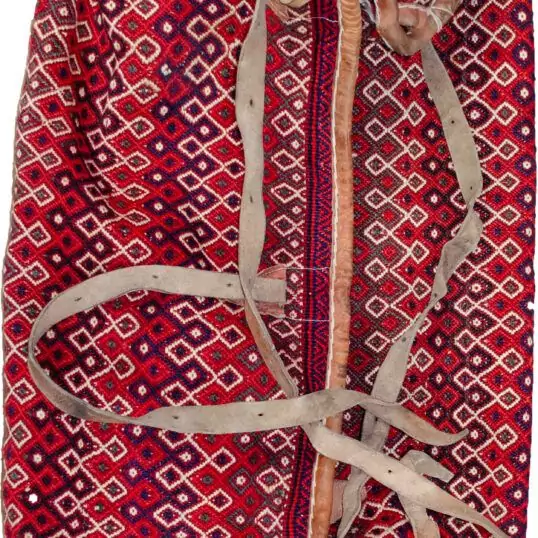 alt="Rakhtekhab tribal bedding bag with multicolor wool weave and leather straps" alt="Colorful woven Mafrash bag with intact locks and handles for use as ottoman" alt="Vintage tribal storage bag in red, green, and yellow with leather edges" alt="Traditional nomadic bedding bag with detailed wool weave and full structure"