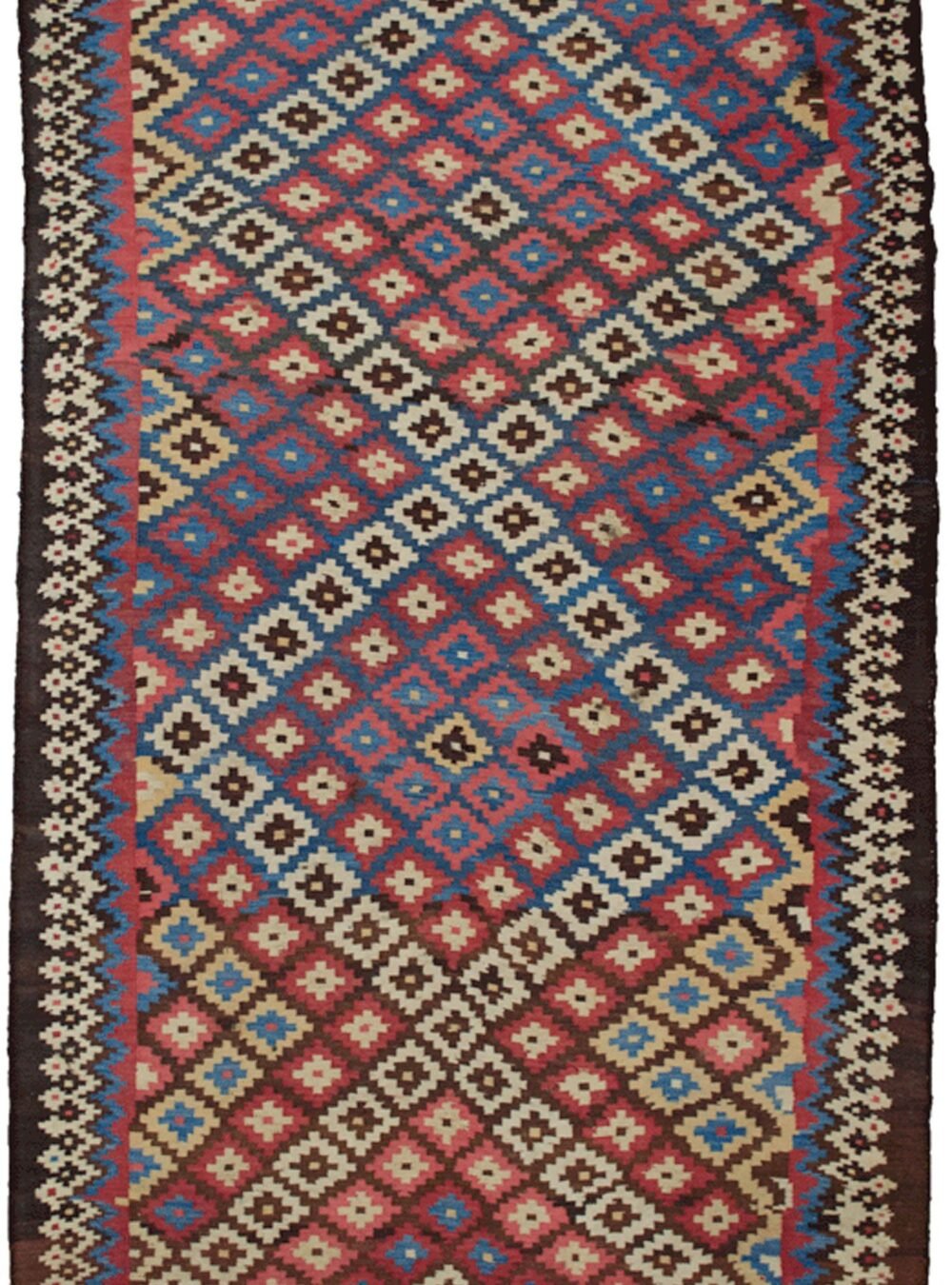 alt="Antique Bakhtiar kilim with diamond motifs and geometric border" alt="Decorative Persian kilim with soft wool and natural dye patina" alt="Room-sized Bakhtiar kilim with repeated diamonds and rare dimensions" alt="Close-up of antique kilim showing soft shiny wool and natural dye tones"