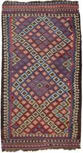alt="Antique Bakhtiar kilim with diamond motifs and geometric border" alt="Decorative Persian kilim with soft wool and natural dye patina" alt="Room-sized Bakhtiar kilim with repeated diamonds and rare dimensions" alt="Close-up of antique kilim showing soft shiny wool and natural dye tones"