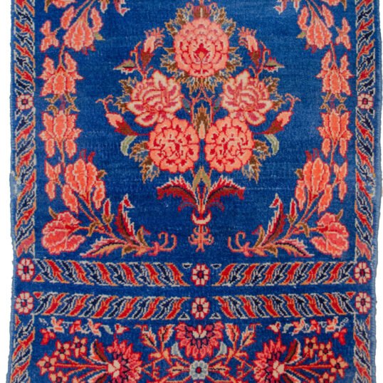 alt="Light blue Kashan mat with floral bouquet design" alt="Finely woven small Kashan rug with natural dyes" alt="Persian Kashan mat in excellent condition with minor repair" alt="Rare floral Kashan mat with high-quality wool and soft colours"