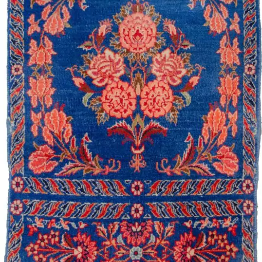 alt="Light blue Kashan mat with floral bouquet design" alt="Finely woven small Kashan rug with natural dyes" alt="Persian Kashan mat in excellent condition with minor repair" alt="Rare floral Kashan mat with high-quality wool and soft colours"