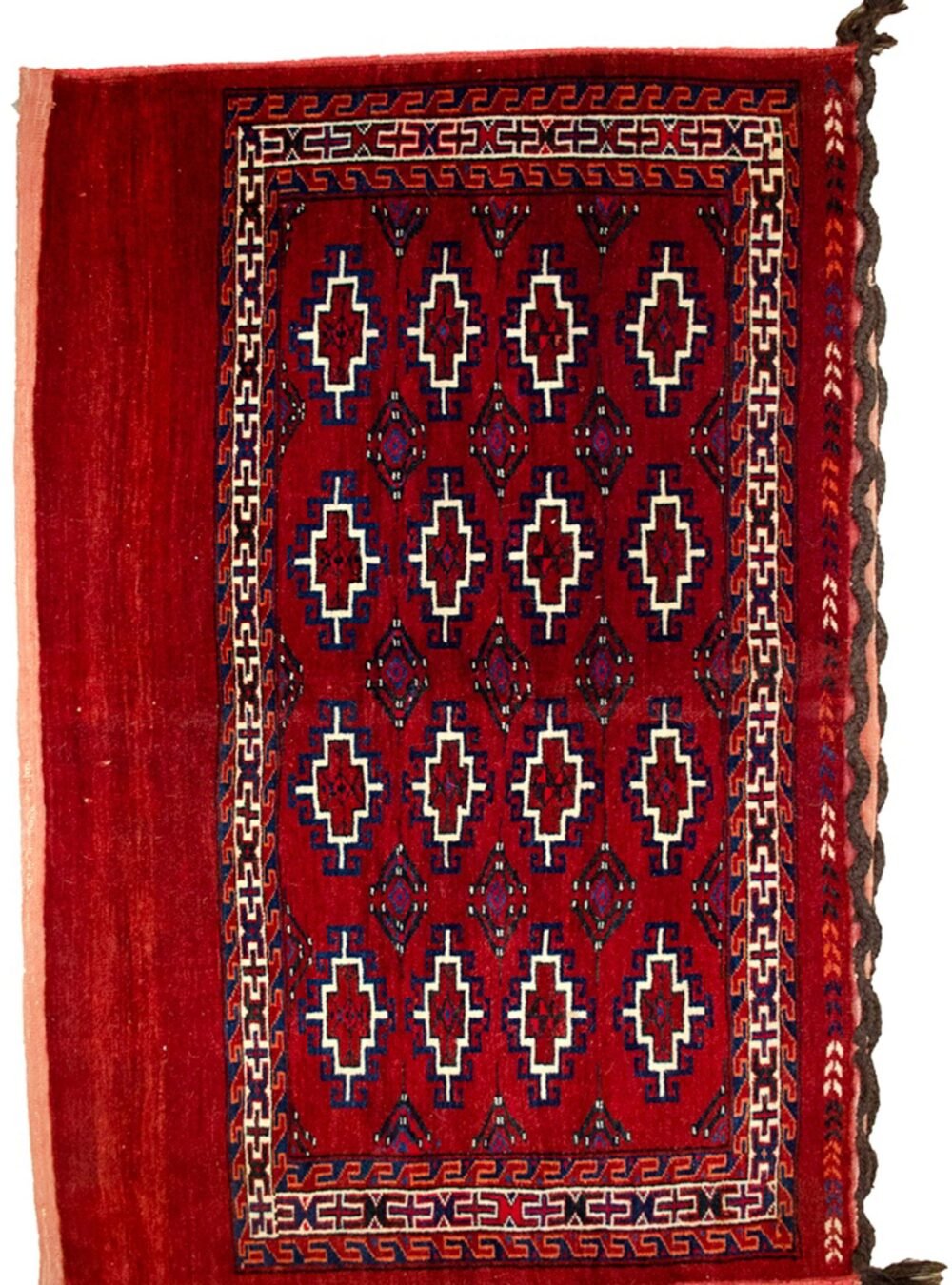 “Vintage Turkmen Joval bag with deep red field and leaf-end finish” “Rich red Turkmen Juval with abrushes and intact locks” “Handwoven tribal Turkmen bag in excellent condition” “Turkmen Joval bag perfect for making a floor cushion”