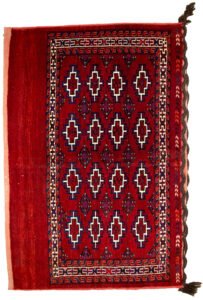 “Vintage Turkmen Joval bag with deep red field and leaf-end finish” “Rich red Turkmen Juval with abrushes and intact locks” “Handwoven tribal Turkmen bag in excellent condition” “Turkmen Joval bag perfect for making a floor cushion”