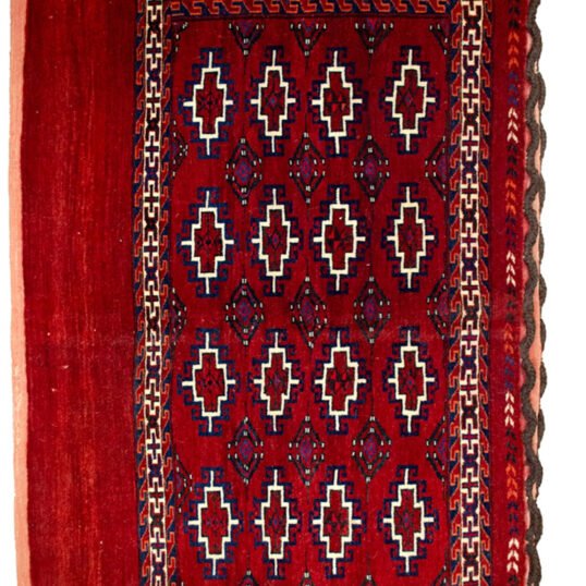 “Vintage Turkmen Joval bag with deep red field and leaf-end finish” “Rich red Turkmen Juval with abrushes and intact locks” “Handwoven tribal Turkmen bag in excellent condition” “Turkmen Joval bag perfect for making a floor cushion”