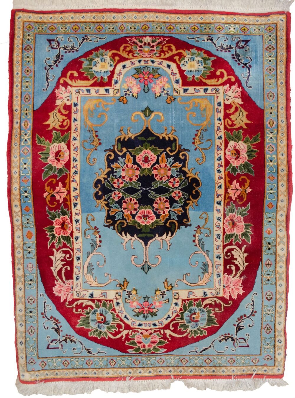 alt="Unusual Bijar rug with oval medallion and floral design" alt="Bijar Persian carpet with blue spandrels and fine wool" alt="Rare design Bijar rug with narrow borders and soft tones" alt="Handwoven Persian rug with minor wear and strong construction"