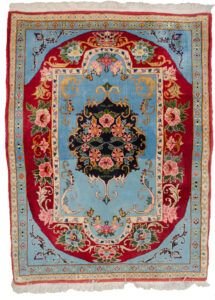 alt="Unusual Bijar rug with oval medallion and floral design" alt="Bijar Persian carpet with blue spandrels and fine wool" alt="Rare design Bijar rug with narrow borders and soft tones" alt="Handwoven Persian rug with minor wear and strong construction"