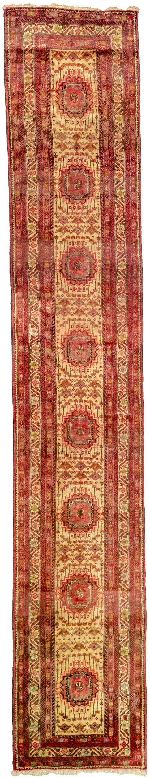 alt="Ghoochan runner with soft red medallions on cream background" alt="Persian hallway runner with elegant cream and red pattern" alt="Fine wool Ghoochan runner with narrow width for grand hallways" alt="Handwoven Ghoochan runner in subtle palette for classic interiors"