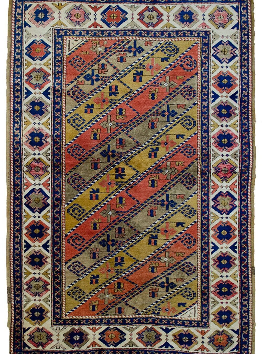 alt="Vintage Turkish rug with multicoloured diagonal floral design" alt="Turkish wool rug with cream border and stylised flowerheads" alt="Handwoven Turkish rug with diagonal stripe floral pattern" alt="Decorative Turkish carpet with high-quality wool and dyes"
