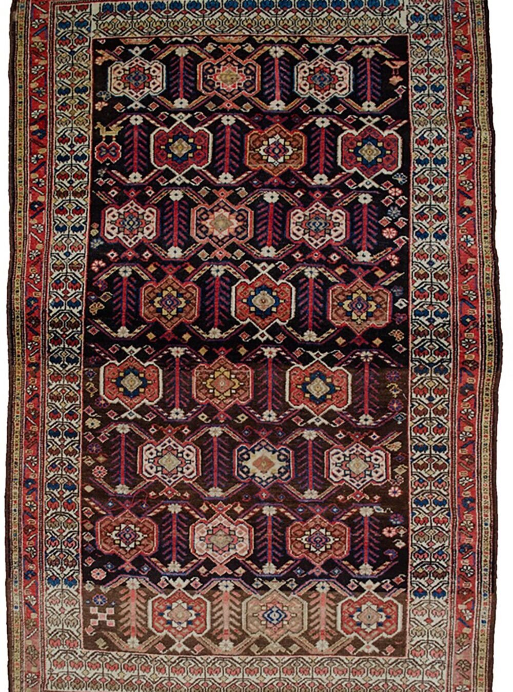 alt="Antique Shahsavan rug with cartouche and tulip border design" alt="Tribal Persian rug from Saveh with cypress and flower head motifs" alt="Navy-grey field Shahsavan rug with cream tulip border" alt="Abrash detail in antique Shahsavan carpet"