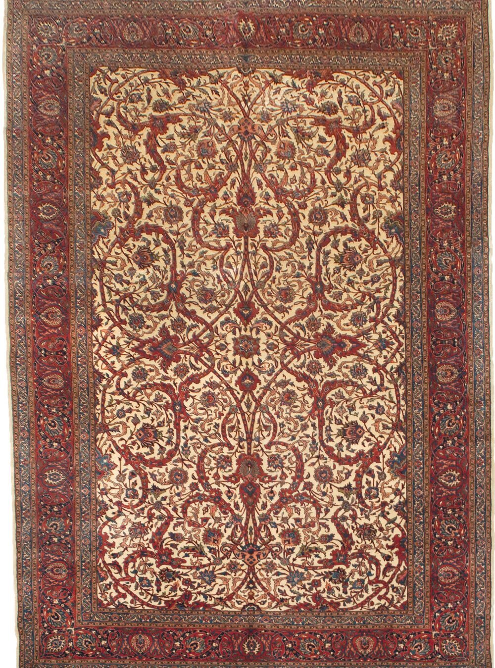 vintage-mashad-carpet-cream-floral-design.jpg persian-mashad-carpet-red-blue-border.jpg fine-wool-mashad-rug-islimi-motif.jpg decorative-cream-persian-carpet-closeup.jpg