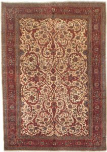 vintage-mashad-carpet-cream-floral-design.jpg persian-mashad-carpet-red-blue-border.jpg fine-wool-mashad-rug-islimi-motif.jpg decorative-cream-persian-carpet-closeup.jpg