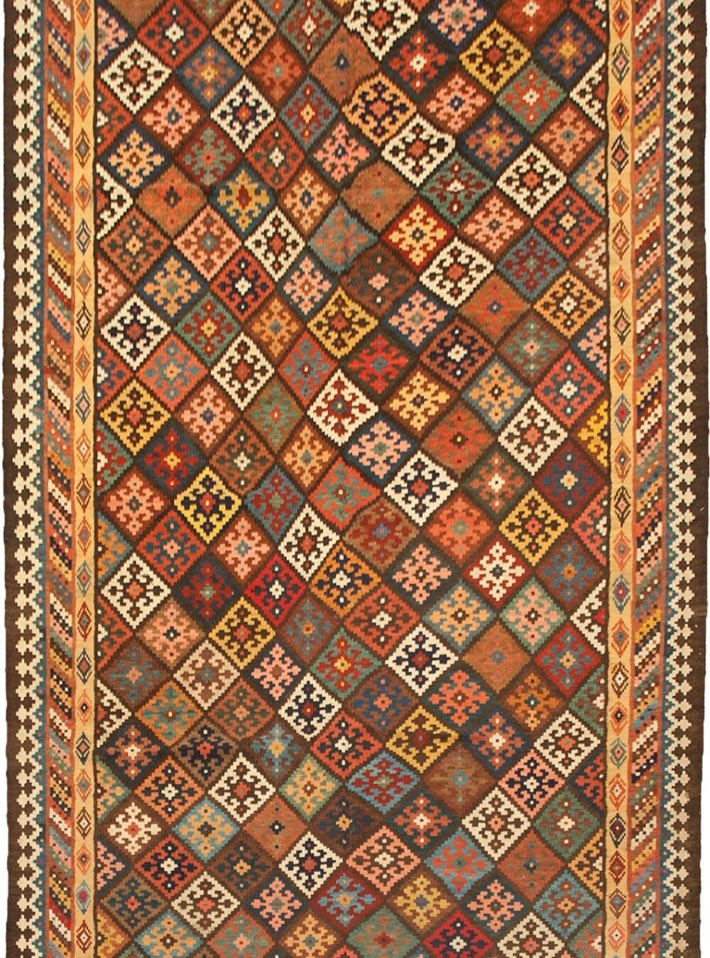 antique-bakhtiar-kilim-lozenge-design.jpg vintage-persian-kilim-three-layer-border.jpg natural-dye-bakhtiar-kilim-closeup.jpg collector-piece-bakhtiar-kilim-rug.jpg