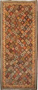 antique-bakhtiar-kilim-lozenge-design.jpg vintage-persian-kilim-three-layer-border.jpg natural-dye-bakhtiar-kilim-closeup.jpg collector-piece-bakhtiar-kilim-rug.jpg
