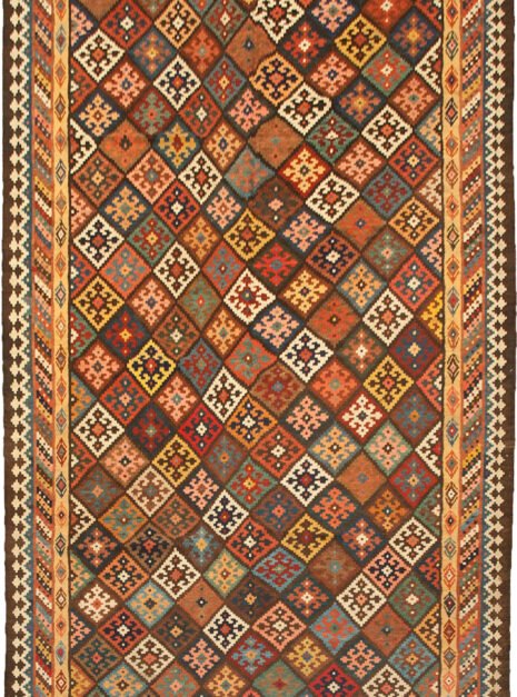 antique-bakhtiar-kilim-lozenge-design.jpg vintage-persian-kilim-three-layer-border.jpg natural-dye-bakhtiar-kilim-closeup.jpg collector-piece-bakhtiar-kilim-rug.jpg