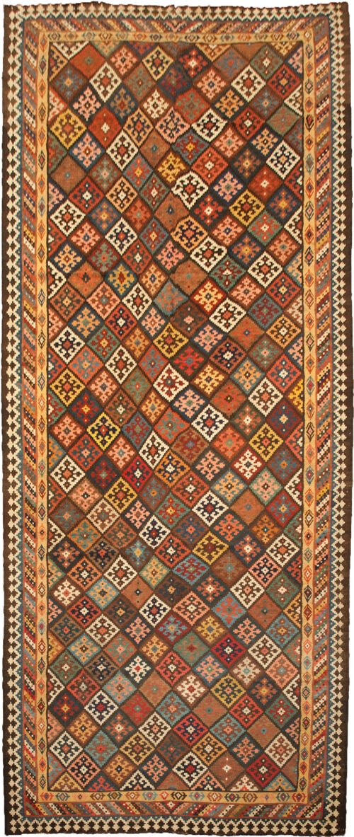 antique-bakhtiar-kilim-lozenge-design.jpg vintage-persian-kilim-three-layer-border.jpg natural-dye-bakhtiar-kilim-closeup.jpg collector-piece-bakhtiar-kilim-rug.jpg