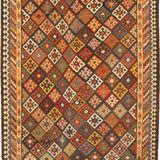 antique-bakhtiar-kilim-lozenge-design.jpg vintage-persian-kilim-three-layer-border.jpg natural-dye-bakhtiar-kilim-closeup.jpg collector-piece-bakhtiar-kilim-rug.jpg