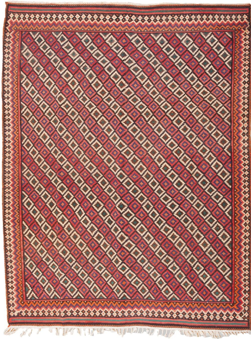 alt="Room-size Afshar kilim with lozenge design and jagged border" alt="Vintage Persian kilim with colourful end bands and reinforced fringe" alt="Decorative Afshar rug suitable for dining room with geometric pattern" alt="Large handwoven kilim with traditional tribal motifs and strong stop-end"