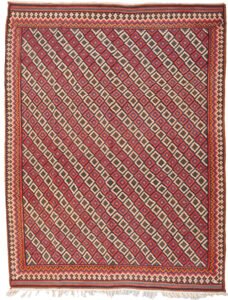 alt="Room-size Afshar kilim with lozenge design and jagged border" alt="Vintage Persian kilim with colourful end bands and reinforced fringe" alt="Decorative Afshar rug suitable for dining room with geometric pattern" alt="Large handwoven kilim with traditional tribal motifs and strong stop-end"
