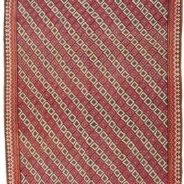 alt="Room-size Afshar kilim with lozenge design and jagged border" alt="Vintage Persian kilim with colourful end bands and reinforced fringe" alt="Decorative Afshar rug suitable for dining room with geometric pattern" alt="Large handwoven kilim with traditional tribal motifs and strong stop-end"