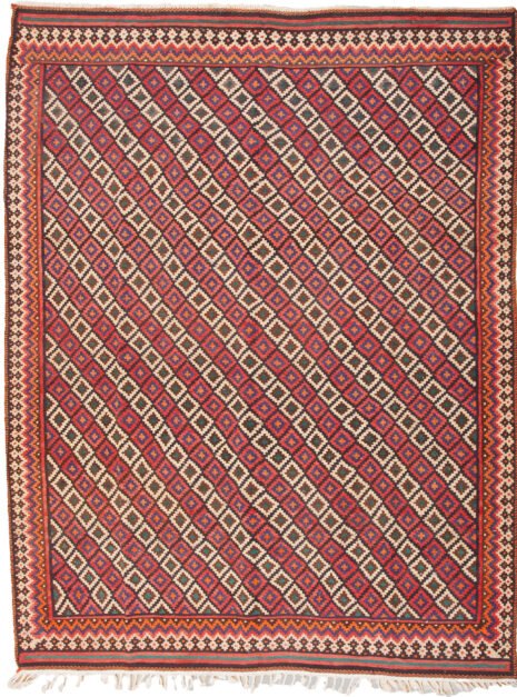 alt="Room-size Afshar kilim with lozenge design and jagged border" alt="Vintage Persian kilim with colourful end bands and reinforced fringe" alt="Decorative Afshar rug suitable for dining room with geometric pattern" alt="Large handwoven kilim with traditional tribal motifs and strong stop-end"