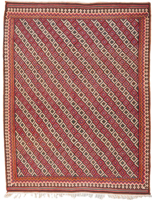 alt="Room-size Afshar kilim with lozenge design and jagged border" alt="Vintage Persian kilim with colourful end bands and reinforced fringe" alt="Decorative Afshar rug suitable for dining room with geometric pattern" alt="Large handwoven kilim with traditional tribal motifs and strong stop-end"