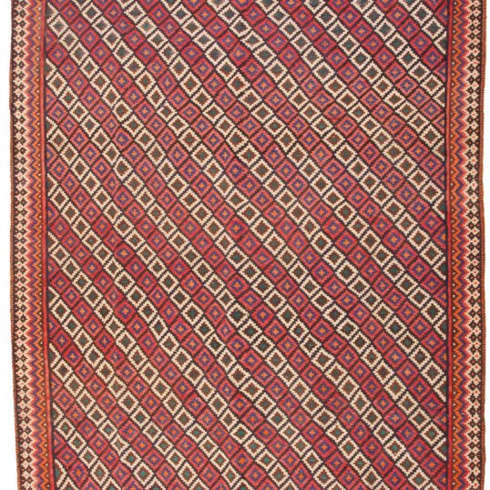 alt="Room-size Afshar kilim with lozenge design and jagged border" alt="Vintage Persian kilim with colourful end bands and reinforced fringe" alt="Decorative Afshar rug suitable for dining room with geometric pattern" alt="Large handwoven kilim with traditional tribal motifs and strong stop-end"