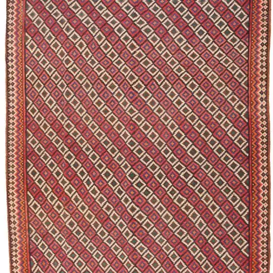 alt="Room-size Afshar kilim with lozenge design and jagged border" alt="Vintage Persian kilim with colourful end bands and reinforced fringe" alt="Decorative Afshar rug suitable for dining room with geometric pattern" alt="Large handwoven kilim with traditional tribal motifs and strong stop-end"