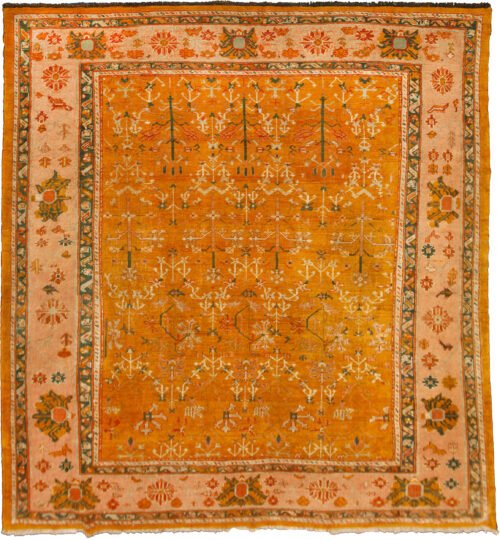 rare-antique-ushak-carpet-square-yellow.jpg square-ushak-rug-allover-shrub-pattern.jpg antique-ushak-carpet-peach-floral-border.jpg yellow-ushak-rug-turkish-handwoven.jpg