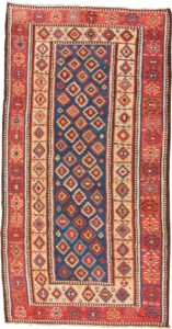 alt="Antique Shirvan kilim with blue ground and lozenge motifs" alt="Shirvan kilim with evil eye red border and yellow inner frame" alt="Caucasian flatweave with multicoloured lozenges and symbolic motifs" alt="Restored antique Shirvan kilim with tribal design and bold colours"