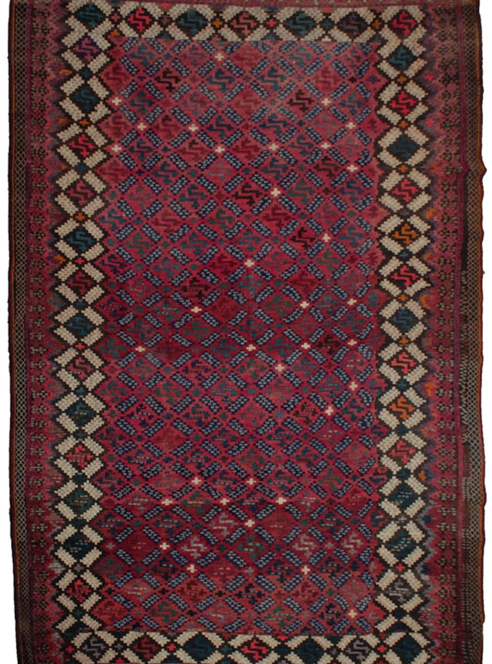 alt="Persian kilim with black and white interlacing border and cream edging" alt="Unique flatweave rug with rare tribal field design and natural wool" alt="Handwoven kilim with graphic border and decorative cream frame" alt="Traditional Persian kilim with uncommon patterns and quality craftsmanship"
