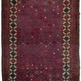 alt="Persian kilim with black and white interlacing border and cream edging" alt="Unique flatweave rug with rare tribal field design and natural wool" alt="Handwoven kilim with graphic border and decorative cream frame" alt="Traditional Persian kilim with uncommon patterns and quality craftsmanship"