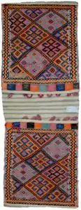 "Antique Azarbijan khorjin bag with ram’s horn motif" "Vintage Persian tribal saddlebag with zig-zag border" "Finely woven khorjin from Northwest Iran" "Multicoloured lozenge design on Persian nomadic bag"