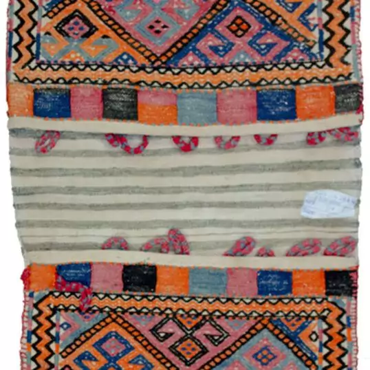 "Antique Azarbijan khorjin bag with ram’s horn motif" "Vintage Persian tribal saddlebag with zig-zag border" "Finely woven khorjin from Northwest Iran" "Multicoloured lozenge design on Persian nomadic bag"
